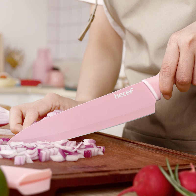 hecef Colorful Knife Set, 6 Pieces with Covers, Dishwasher Safe, Stainless Steel Colour Coded Non-Stick Cooking Knives Including Paring, Utility, Bread, Carving - Image 5