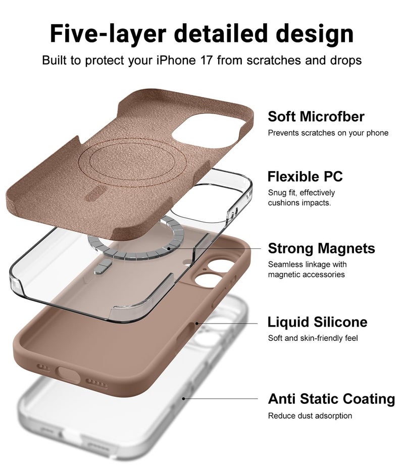 OTOFLY Magnetic for iPhone 17 Case,Compatible with Magsafe,Classic Liquid Silicone Mobile Phone Case,Integrated Camera Control Button,Anti-Scratch Microfiber Lining, Light Brown - Image 4