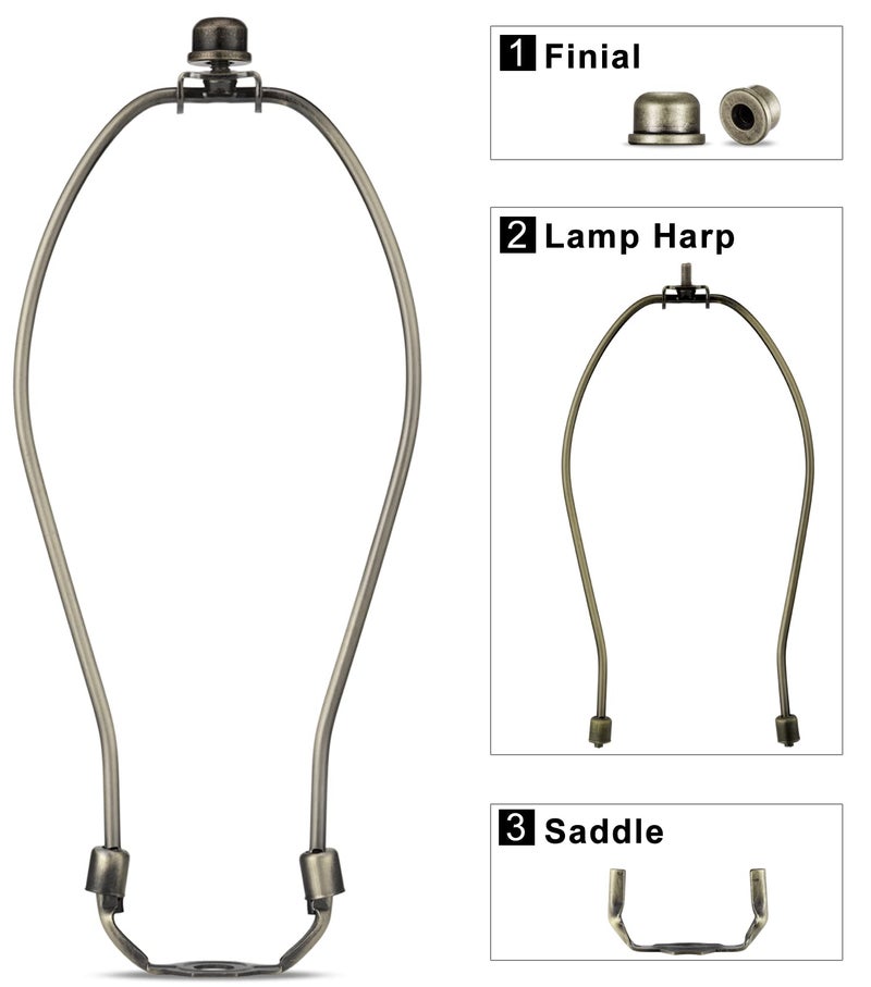 Qc Antique Brass 10 Inch Lamp Shade Holder Kit with Finial Caps, 2 Set - Heavy Duty Harp Holder for Table and Floor Lamps - Image 2