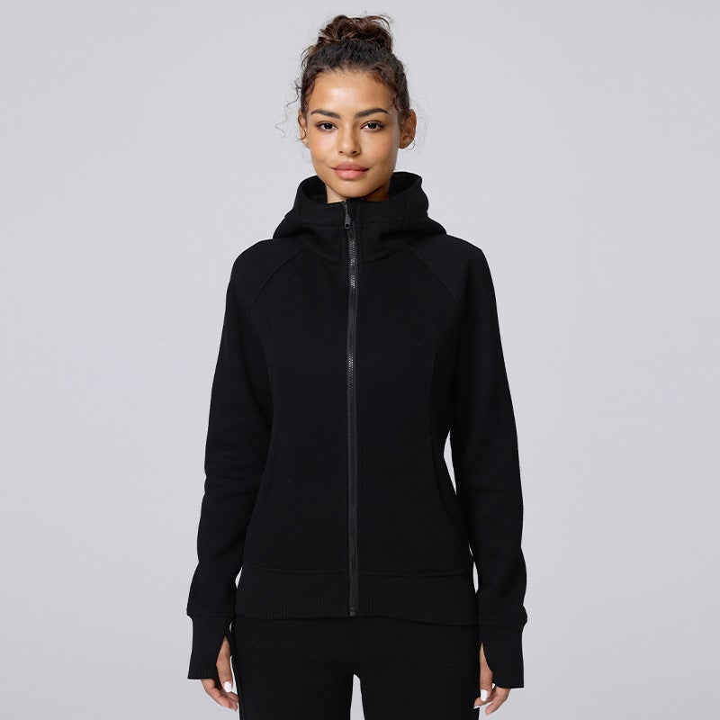 Women's Warm Fleece-Lined Hooded Yoga Jacket with Long Sleeves - Image 1