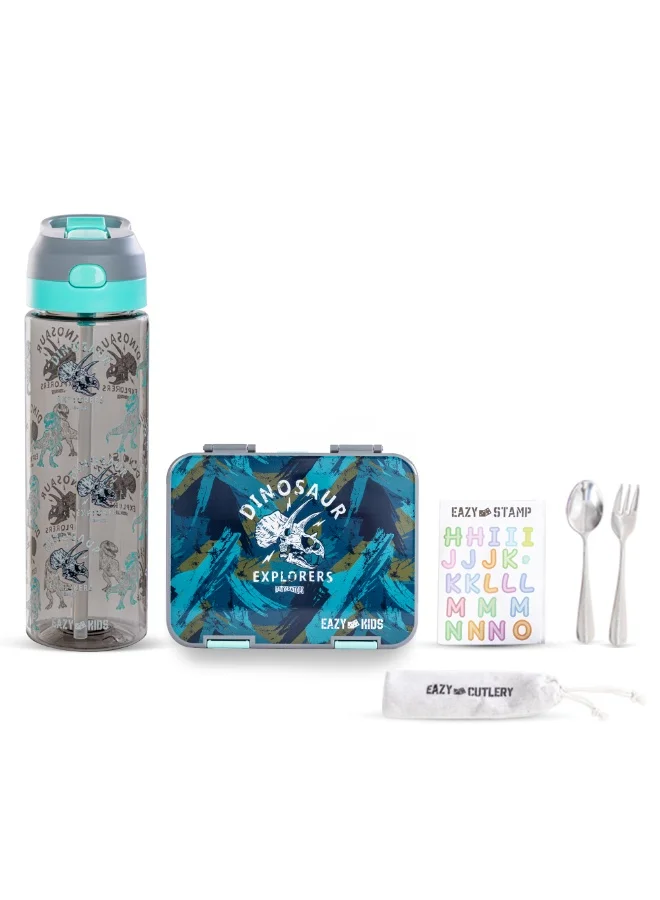 Eazy Kids Eazy Kids 6 & 4 Convertible Bento Lunch Box w/ Water Bottle, Steel Spoon & Fork Set and Alphabets Sticker - T-Rex Grey