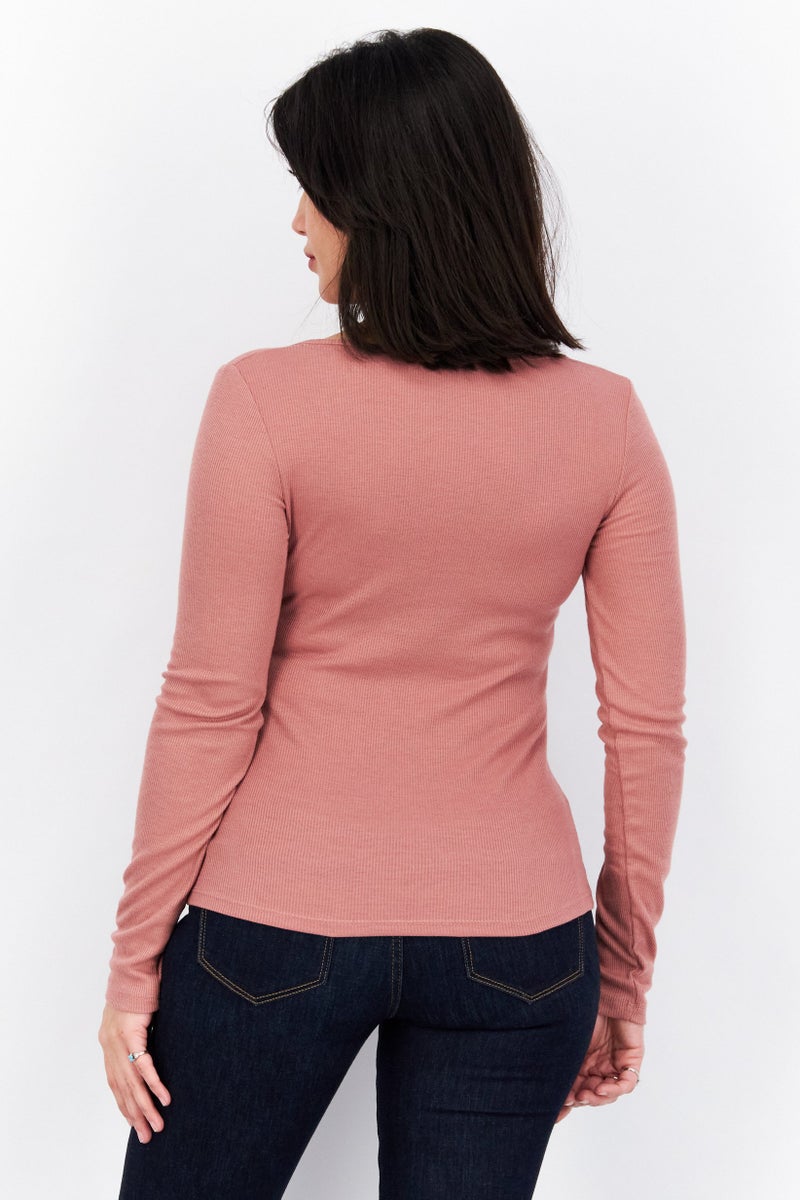 NA-KD Women Scoop Neck Long Sleeves Plain Blouse, Dusty Pink - Image 3