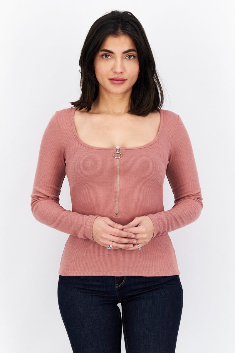 NA-KD Women Scoop Neck Long Sleeves Plain Blouse, Dusty Pink - Image 1