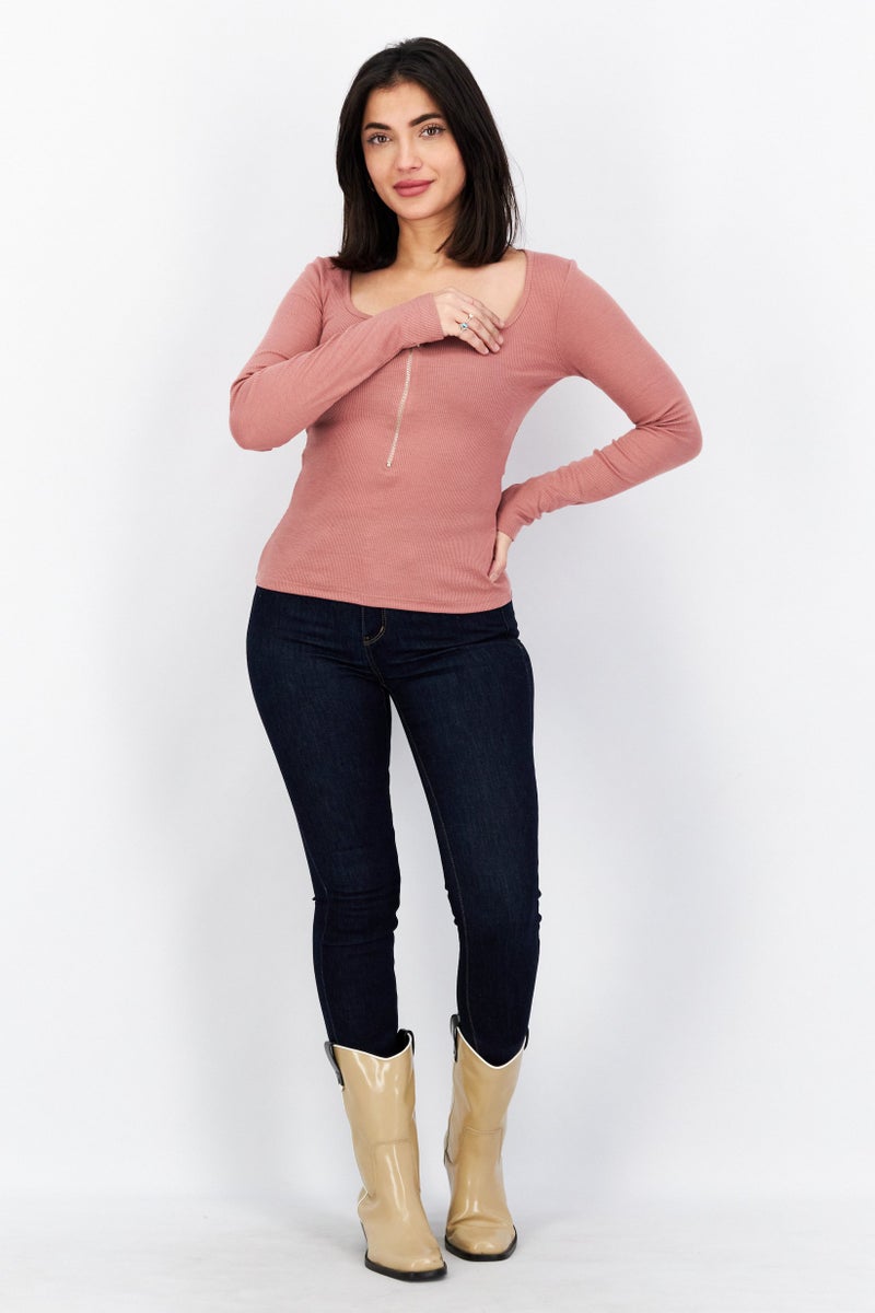 NA-KD Women Scoop Neck Long Sleeves Plain Blouse, Dusty Pink - Image 2