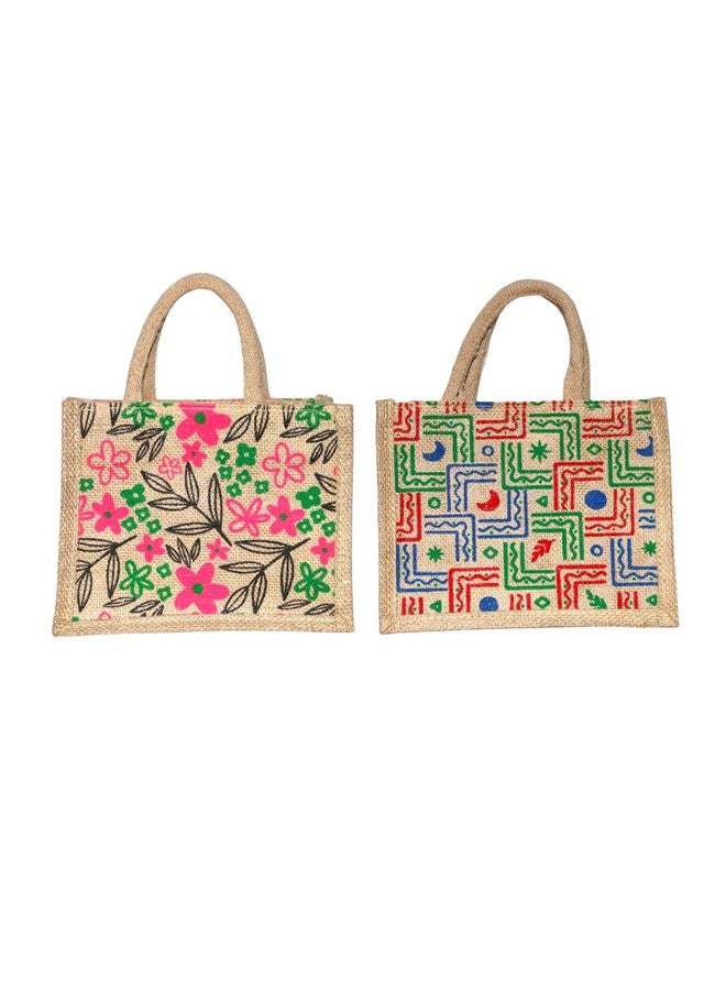 Anumala® Eco-Friendly Jute Bags with Zipper| Organic Tote Bags Elegantly Printed for Return Gifts, Office, Grocery, Picnic, Tiffin, Shopping, Wedding Return Gifts| Size-10x4x8 inches (Pack of 2) - Image 1