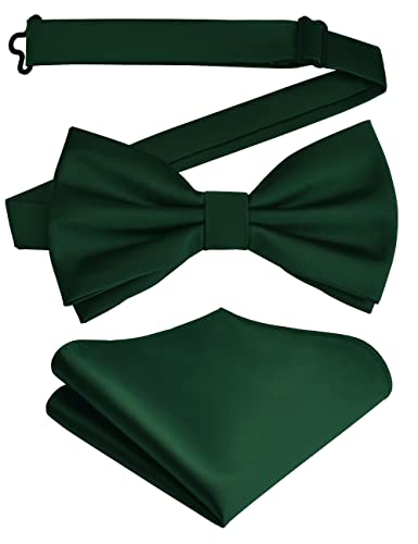 Branduce Mens Solid Dark Green Bow Tie and Pocket Square Set for Wedding Pre-tied Adjustable Satin Silk Forest Green Bowtie Handkerchief (BB01-29) - Image 1