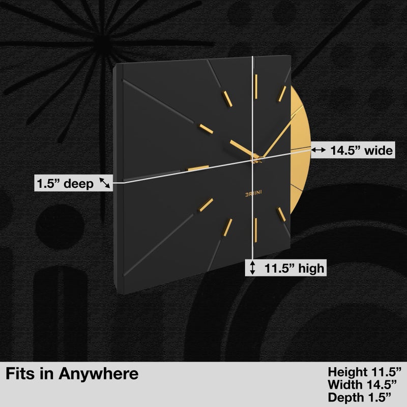 Driini Clocks Mid Century Modern Wall Clock - Square Black Clock with Decorative Gold Accent- Unique and Cool Clock, Battery Operated - MCM Decor & Decorative Wall Clock for Mid Century Modern Decor. - Image 3