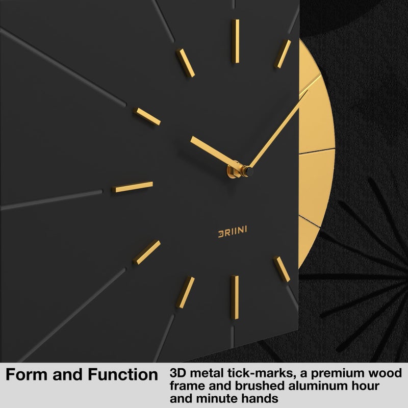 Driini Clocks Mid Century Modern Wall Clock - Square Black Clock with Decorative Gold Accent- Unique and Cool Clock, Battery Operated - MCM Decor & Decorative Wall Clock for Mid Century Modern Decor. - Image 2