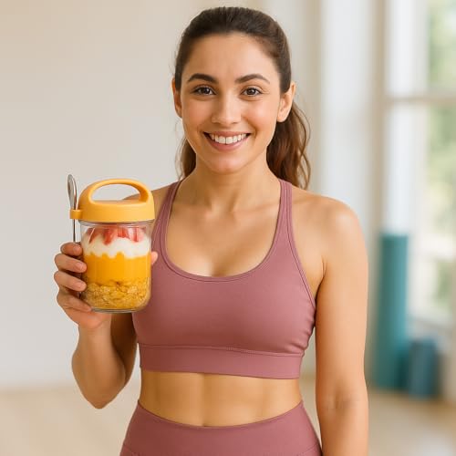 Soko 2 PC Overnight Oats Glass Jar with Lid and Spoon | Portable Mason Oatmeal Container | On-The-Go Breakfast Cup | Kitchen Storage for Healthy Eating - Fruit,Milk,Salad, Nuts,Yogurt - Blue & Yellow - Image 5