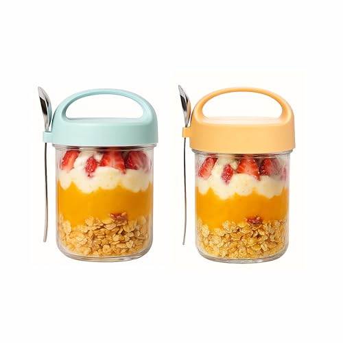 Soko 2 PC Overnight Oats Glass Jar with Lid and Spoon | Portable Mason Oatmeal Container | On-The-Go Breakfast Cup | Kitchen Storage for Healthy Eating - Fruit,Milk,Salad, Nuts,Yogurt - Blue & Yellow - Image 1