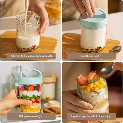Soko 2 PC Overnight Oats Glass Jar with Lid and Spoon | Portable Mason Oatmeal Container | On-The-Go Breakfast Cup | Kitchen Storage for Healthy Eating - Fruit,Milk,Salad, Nuts,Yogurt - Blue & Yellow - Image 3