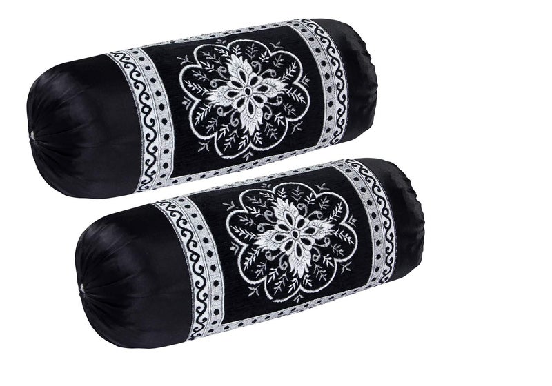 HSR Collection 2 Piece Valvet Chenille Bolster Cover Set - 32x16 inches, Black - Image 1