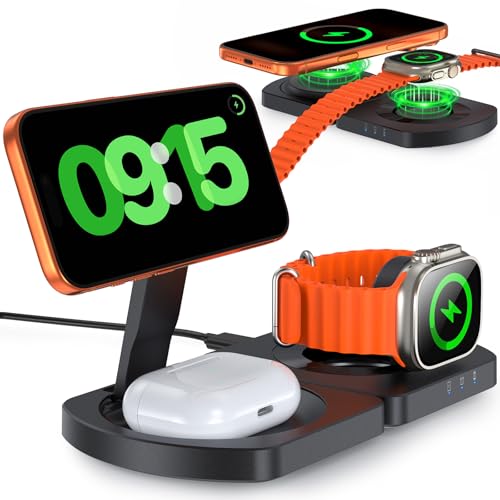 EGV Wireless Charger for iPhone, 3-in-1 Magnetic Charging Station for Apple, MagSafe Charger Stand for iPhone 17 Air 16 15 14 13 12 Series, Airpods Pro, Apple Watch Ultra, Foldable, No Adapter, Black - Image 1