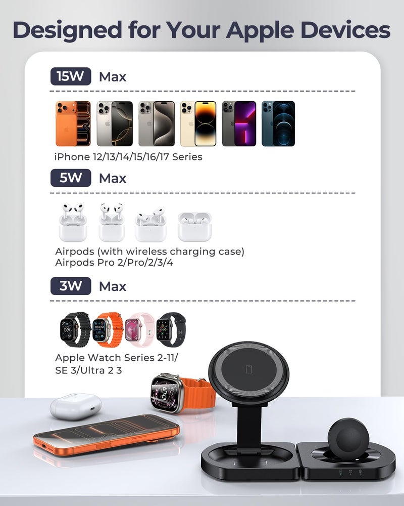 EGV Wireless Charger for iPhone, 3-in-1 Magnetic Charging Station for Apple, MagSafe Charger Stand for iPhone 17 Air 16 15 14 13 12 Series, Airpods Pro, Apple Watch Ultra, Foldable, No Adapter, Black - Image 5