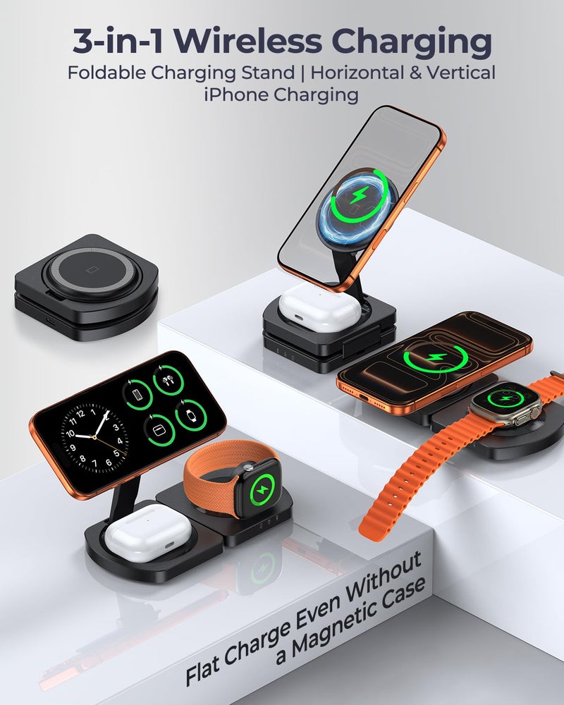 EGV Wireless Charger for iPhone, 3-in-1 Magnetic Charging Station for Apple, MagSafe Charger Stand for iPhone 17 Air 16 15 14 13 12 Series, Airpods Pro, Apple Watch Ultra, Foldable, No Adapter, Black - Image 2