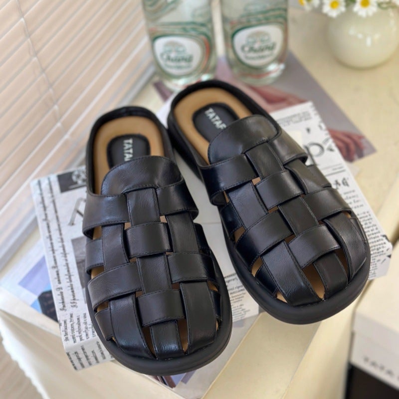 Winter Baotou Half Slippers Women'S Retro Braided Hollow Thick Sole Slip-On Lazy Mule Shoes For Women - Image 1