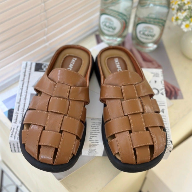 Winter Baotou Half Slippers Women'S Retro Braided Hollow Thick Sole Slip-On Lazy Mule Shoes For Women - Image 3