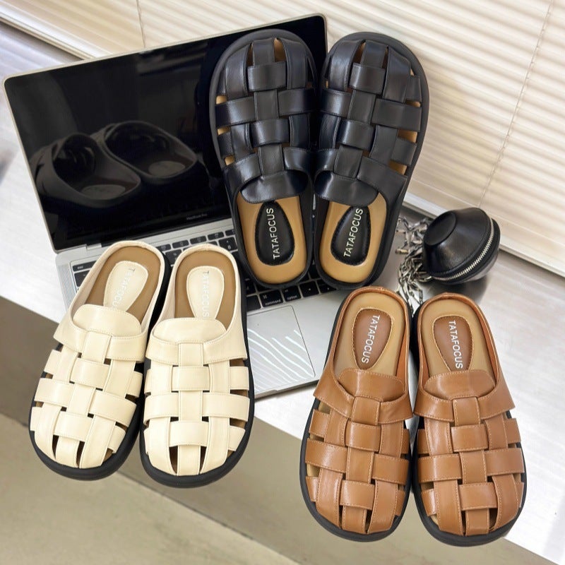 Winter Baotou Half Slippers Women'S Retro Braided Hollow Thick Sole Slip-On Lazy Mule Shoes For Women - Image 2