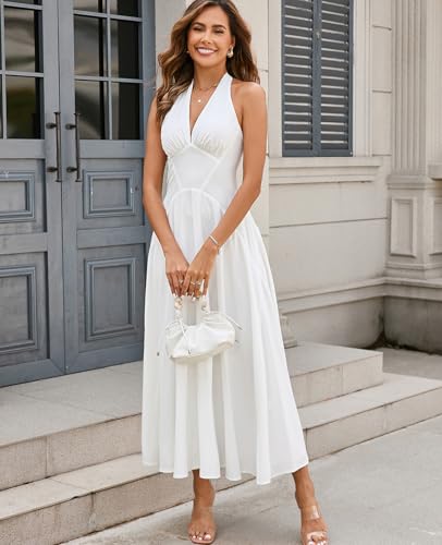 GLNEGE Women's Summer Halter Wedding Guest Midi Dress Corset Flowy A Line Tea Party Dresses Smocked Milkmaid Sundress 2026 White - Image 4