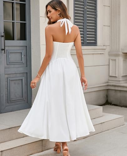 GLNEGE Women's Summer Halter Wedding Guest Midi Dress Corset Flowy A Line Tea Party Dresses Smocked Milkmaid Sundress 2026 White - Image 3