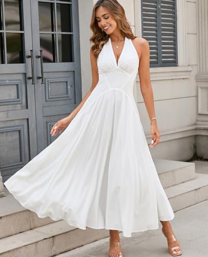 GLNEGE Women's Summer Halter Wedding Guest Midi Dress Corset Flowy A Line Tea Party Dresses Smocked Milkmaid Sundress 2026 White - Image 2
