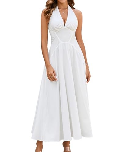 GLNEGE Women's Summer Halter Wedding Guest Midi Dress Corset Flowy A Line Tea Party Dresses Smocked Milkmaid Sundress 2026 White - Image 1