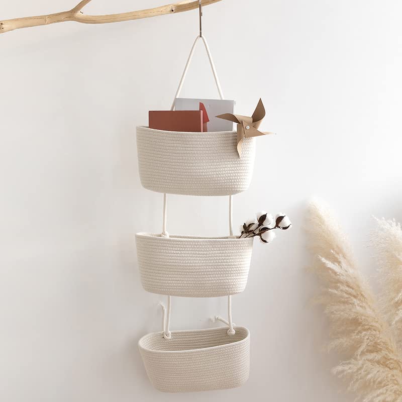 TeoKJ Over the Door Hanging Basket, 3-Tier Woven Cotton Wall-Mounted Storage Organizer Bag Decorative Hanging Nursery Baskets, White - Image 5