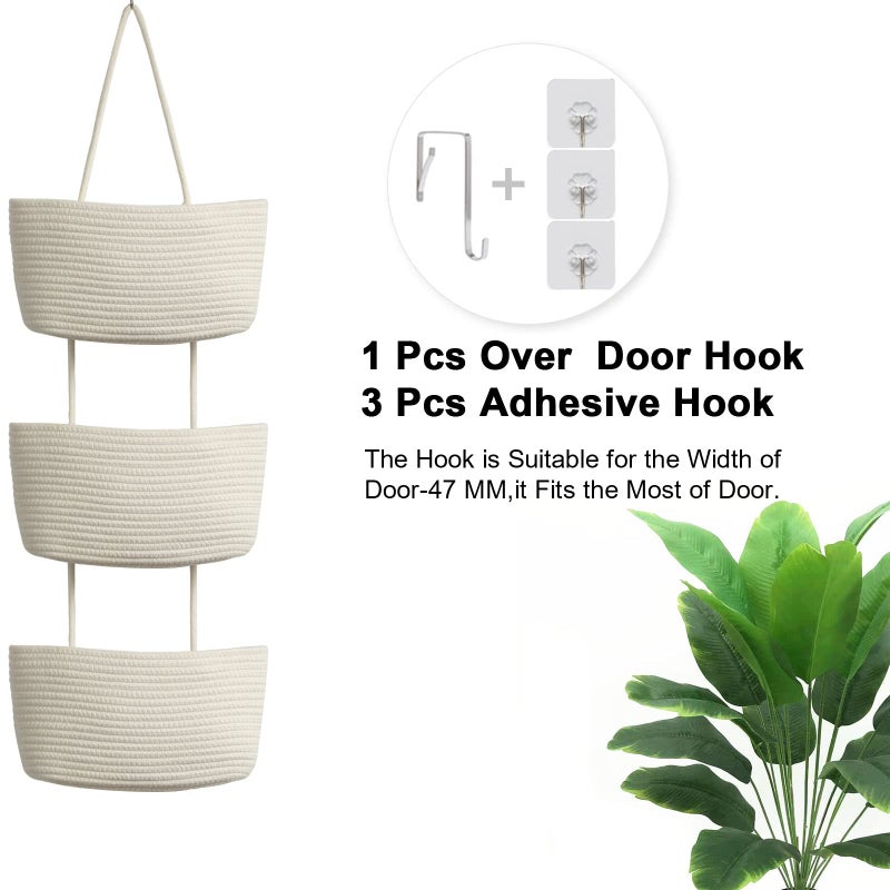 TeoKJ Over the Door Hanging Basket, 3-Tier Woven Cotton Wall-Mounted Storage Organizer Bag Decorative Hanging Nursery Baskets, White - Image 3