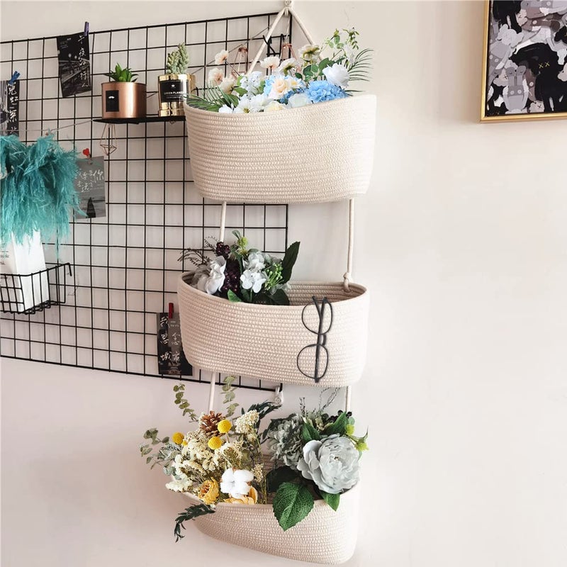 TeoKJ Over the Door Hanging Basket, 3-Tier Woven Cotton Wall-Mounted Storage Organizer Bag Decorative Hanging Nursery Baskets, White - Image 4