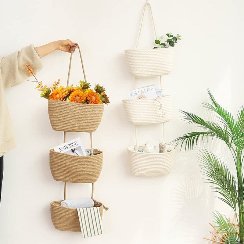 TeoKJ Over the Door Hanging Basket, 3-Tier Woven Cotton Wall-Mounted Storage Organizer Bag Decorative Hanging Nursery Baskets, White - Image 2