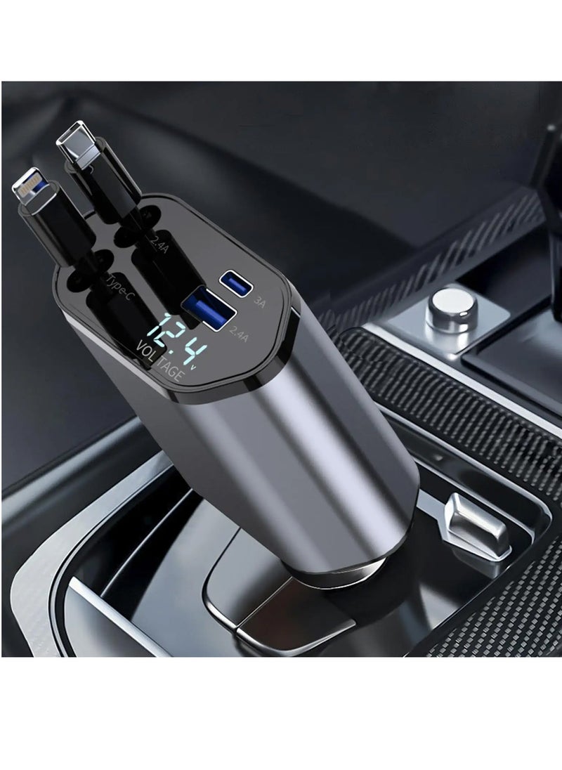 LIVVY Retractable Car Charger - 4-in-1 Fast Charger with Dual USB Ports & 2.6ft Cable, Compatible with iPhone 15/14/13 Pro Max, Galaxy S23/S24 – Compact & Multi-Device Adapter  - Image 1