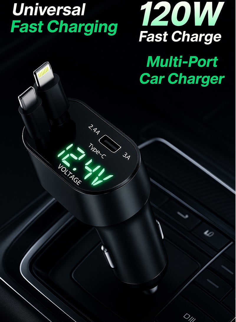 ليفي شاحن سيارة قابل للسحب - شاحن سريع 4 في 1 مع منفذي USB مزدوجين وكابل بطول 2.6 قدم، متوافق مع iPhone 15/14/13 Pro Max وGalaxy S23/S24 - محول صغير الحجم ومتعدد الأجهزة - Image 1