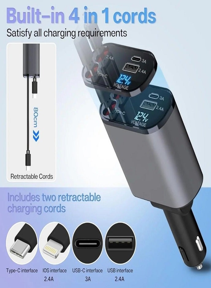 ليفي شاحن سيارة قابل للسحب - شاحن سريع 4 في 1 مع منفذي USB مزدوجين وكابل بطول 2.6 قدم، متوافق مع iPhone 15/14/13 Pro Max وGalaxy S23/S24 - محول صغير الحجم ومتعدد الأجهزة - Image 4