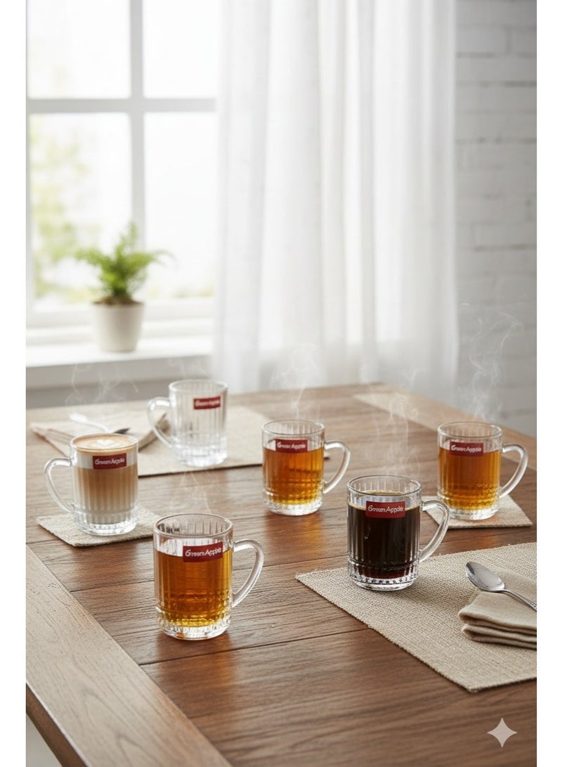 جرين أبل طقم 6 أكواب شاي زجاجية شفافة – تصميم مخدد بمقبض جانبي - Image 5