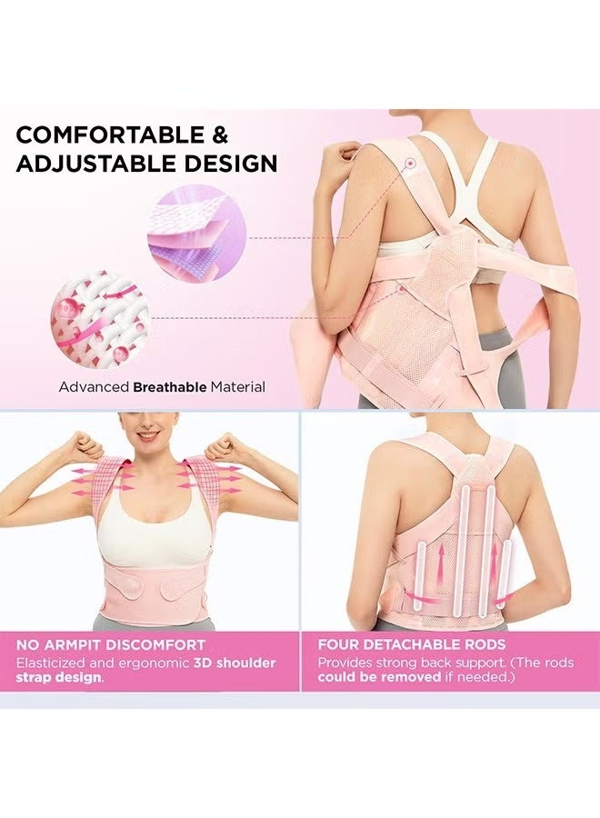 Posture Corrector for Women & Men - Adjustable Back Brace & Shoulder Support for Pain Relief, Breathable Spine Straightener, Pink - Image 2