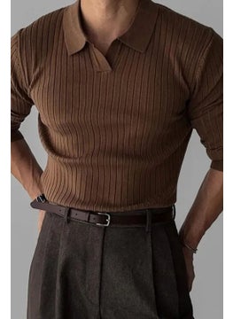 Cool Tarz Cool Style Dark Brown Men's Polo Collar Ribbed Knitwear Sweater  - Image 2