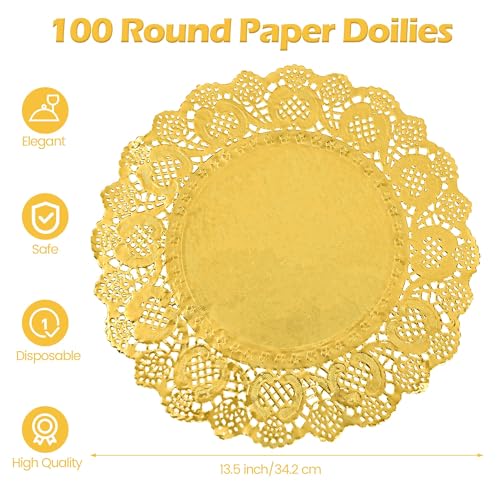 MCEAST 100 Pack Round Gold Paper Doilies 135 Inches Lace Place Mats Rustic Scallop Doily Disposable Paper Table Pads for Food Cakes Crafts Party Weddings Tableware Decor - Image 3