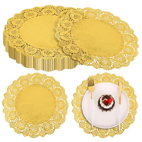 MCEAST 100 Pack Round Gold Paper Doilies 135 Inches Lace Place Mats Rustic Scallop Doily Disposable Paper Table Pads for Food Cakes Crafts Party Weddings Tableware Decor - Image 1