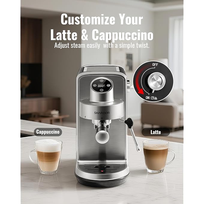SHARDOR 20 Bar Espresso Machine, Touchscreen Expresso Coffee Machines with Steam Milk Frother for Home, Espresso Coffee Maker for Cappuccino, Latte, 40oz Removable Water Tank, Silver & Black - Image 3