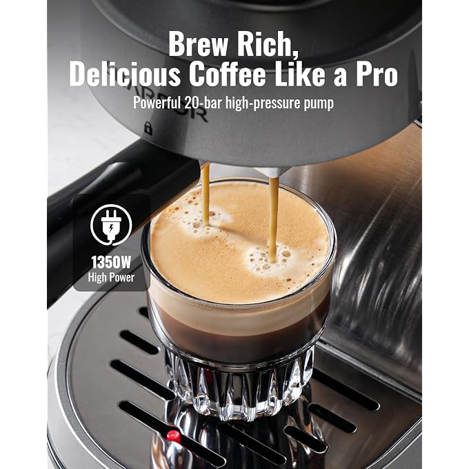 SHARDOR 20 Bar Espresso Machine, Touchscreen Expresso Coffee Machines with Steam Milk Frother for Home, Espresso Coffee Maker for Cappuccino, Latte, 40oz Removable Water Tank, Silver & Black - Image 2