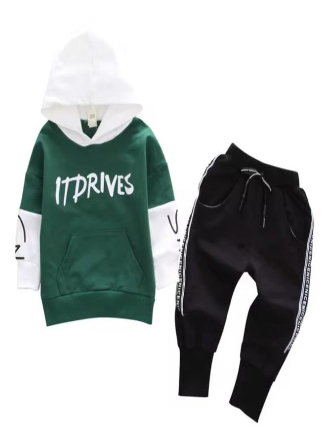 Ameeha Winter Wear Kids Clothes Set, Hoodie Sweatshirt, Pants Outfits for Toddler Boys and Girls (9 Months-12 Months, Green-Black) - Image 1