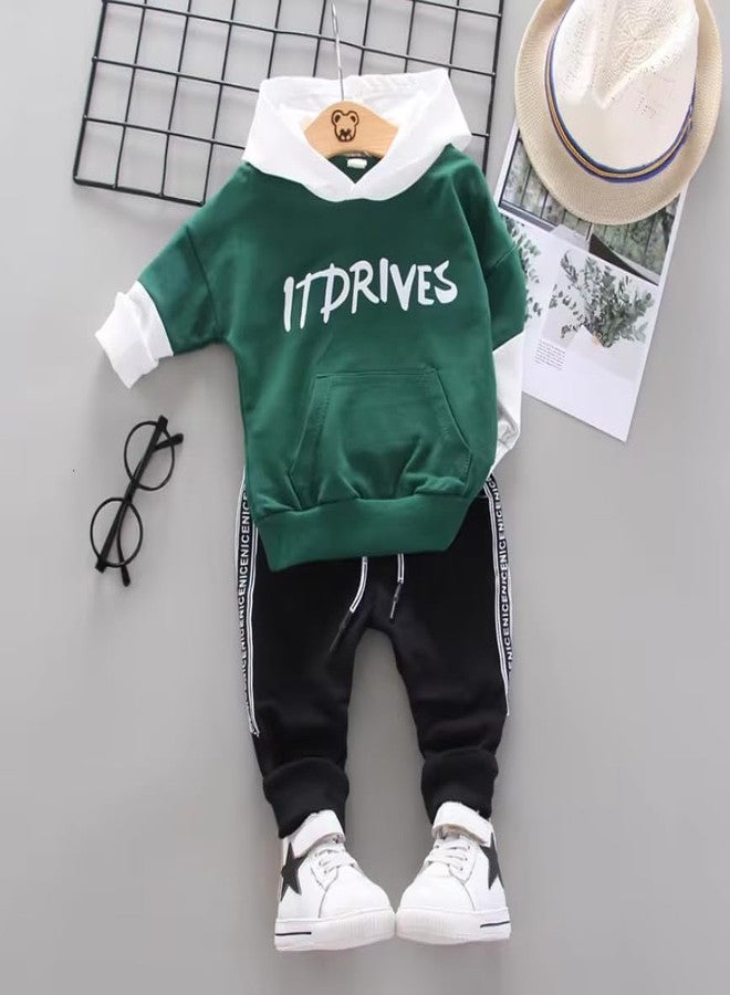 Ameeha Winter Wear Kids Clothes Set, Hoodie Sweatshirt, Pants Outfits for Toddler Boys and Girls (9 Months-12 Months, Green-Black) - Image 2
