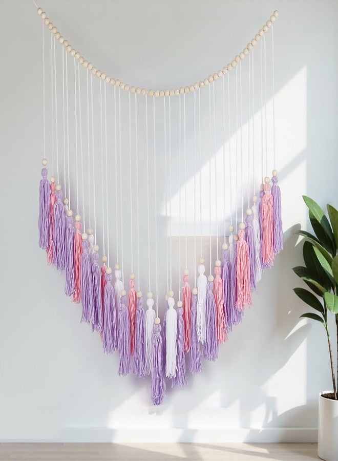 BEUNITONE Pink & Purple Macrame Wall Hanging - Boho Tassels Decor with Wood Beads for Bedroom, Nursery, Girls Room, Home,41"x35" Large Tassel Wall Hanging Boho Tassel Room Decor - Image 1