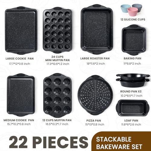 Kikcoin 22 PCS Nonstick Baking Pans Set Stackable Bakeware Sets with Silicone Handles 450F Oven Safe Baking Sheet set Easy Release Cookie Sheets for Baking Black - Image 3