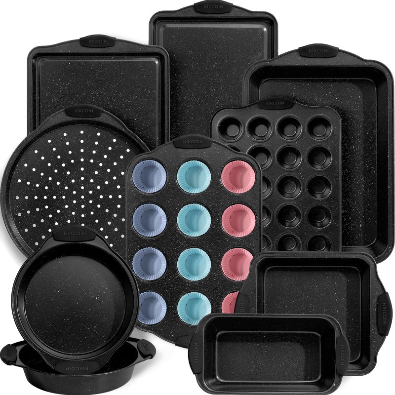 Kikcoin 22 PCS Nonstick Baking Pans Set Stackable Bakeware Sets with Silicone Handles 450F Oven Safe Baking Sheet set Easy Release Cookie Sheets for Baking Black - Image 2
