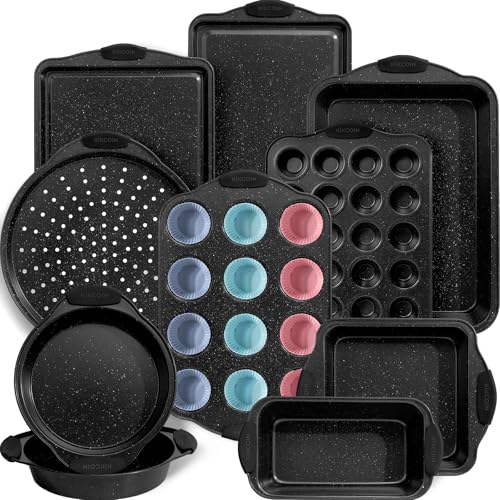 Kikcoin 22 PCS Nonstick Baking Pans Set Stackable Bakeware Sets with Silicone Handles 450F Oven Safe Baking Sheet set Easy Release Cookie Sheets for Baking Black - Image 1