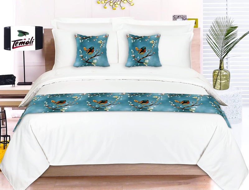 Temoli ® Bed Runner with Reversible Cushion Cover Decorative Scarf for Bedroom Hotel Wedding Room 18x90 in, 16x16 in. (Bird-Blue) - Image 1