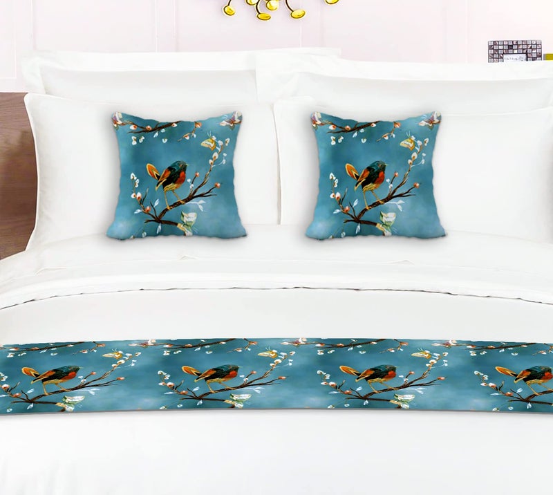 Temoli ® Bed Runner with Reversible Cushion Cover Decorative Scarf for Bedroom Hotel Wedding Room 18x90 in, 16x16 in. (Bird-Blue) - Image 2