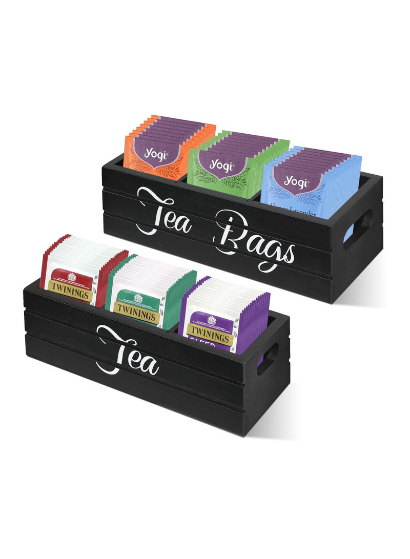Excefore Tea Bag Organizer Wooden Tea Box with Handle Tea Bag Holder for Tea Storage for Kitchen Pantry Cabinet Countertop Tea Storage Box Sugar Packet Holder (Black Set of 2) - Image 1