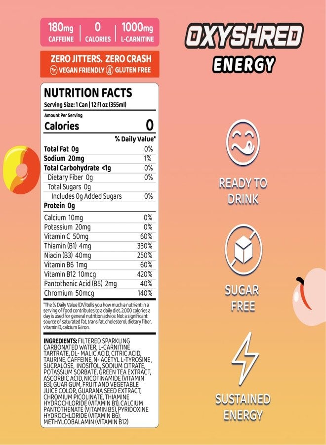 EHP Labs OxyShred Healthy Energy Drink - Zero Sugar Energy Drinks with Amino Acids, Green Tea Extract, Vitamin C & L Carnitine - Zero Carbs, Zero Calories, Clean Caffeine, Peach Candy Rings (12-Pack) - Image 2